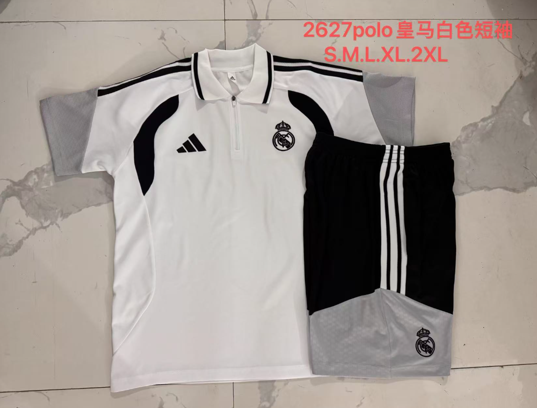 26/27 Adults POLO Real Madrid white (with cropped pants) Training Kits