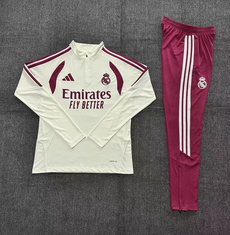 26/27 Kids Half Pull Real Madrid beige [paired with rose red pants] Tracksuit